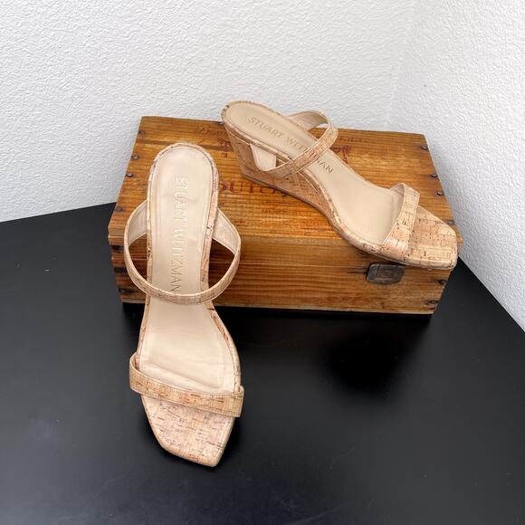 Stuart Weitzman Cork Wedge Sandals 9.5 Women’s Slip-On Strappy Nude Summer Heel - Picture 1 of 10